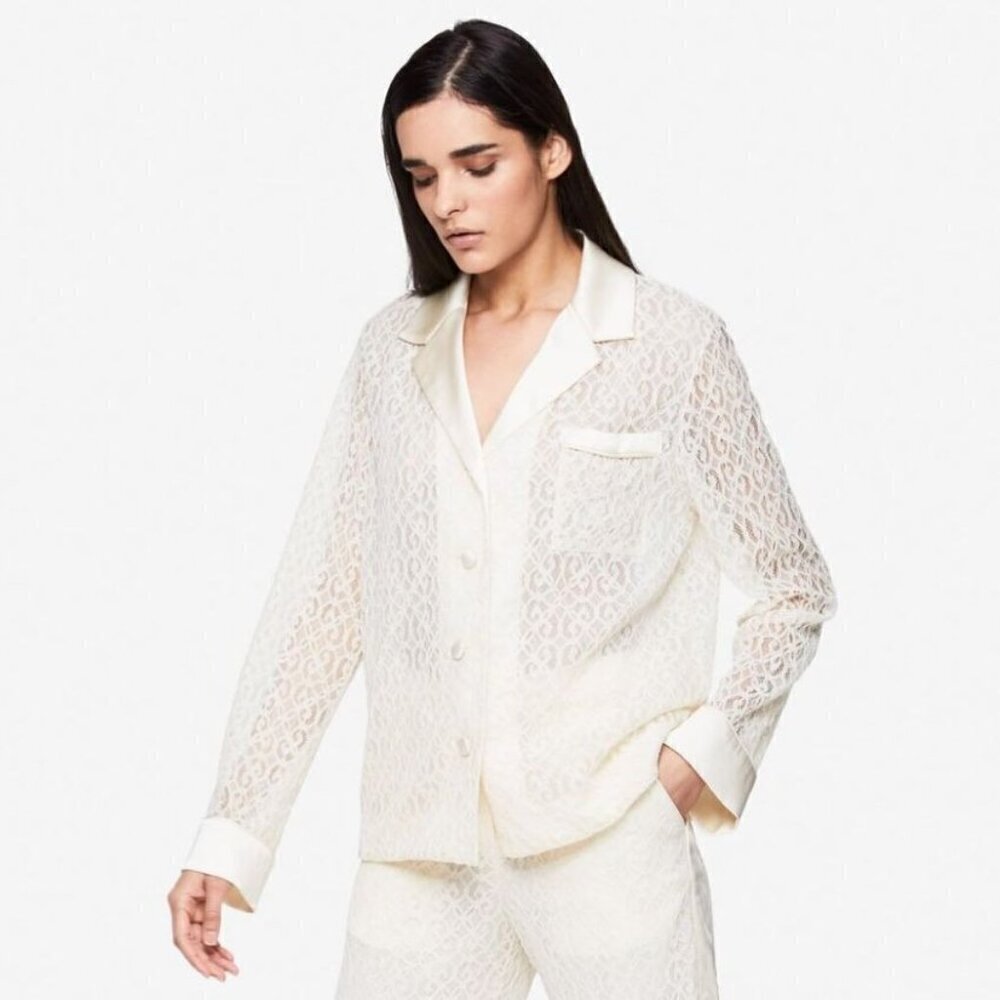 JONATHAN SIMKHAI Janice Lace Long Sleeve Button Front Shirt Ivory Size S